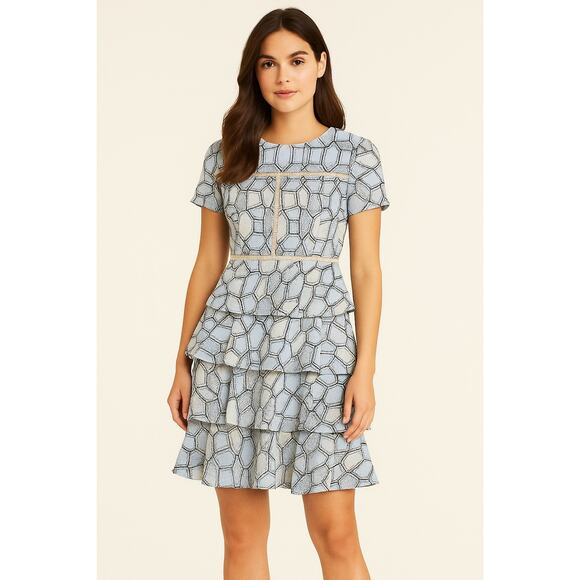 Gianni Bini Blue Geo Lace Ruffle Mini Dress Size 4 - Picture 1 of 5